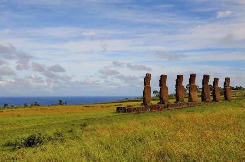 Une rangée de statues de pierre antiques se dressent dans un champ verdoyant, avec un ciel dégagé et l’océan en arrière-plan. 1