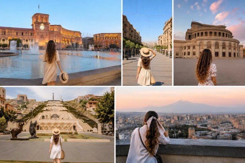 A woman walking by a fountain, a building with a clock tower, a large circular building, a statue, and a cityscape with a mountain. 4