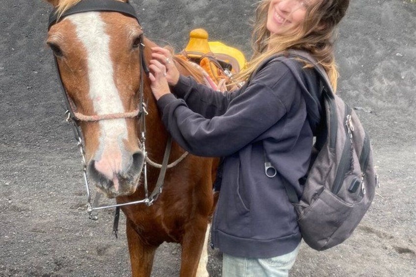 A person petting a horse with a saddle. 4