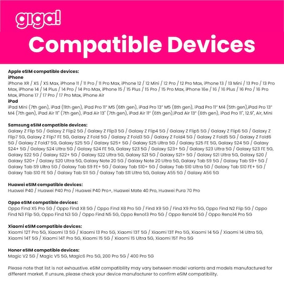 A list of eSIM compatible devices for various brands. 3