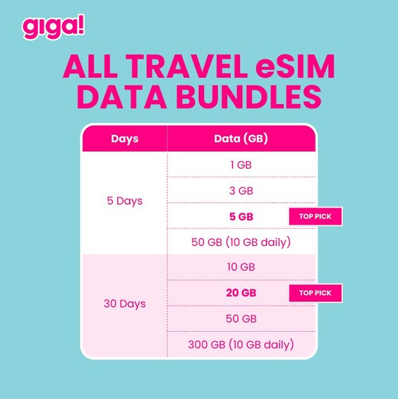 A table listing eSIM data bundles for travel, with options for 5 and 30 days. 4