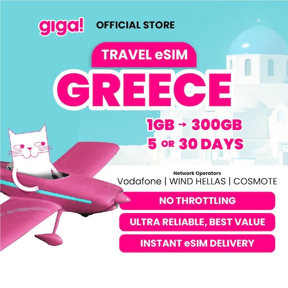 A promotional poster for travel eSIM in Greece, featuring a white cat on a pink airplane, with text highlighting 1GB to 300GB plans and delivery options. 1