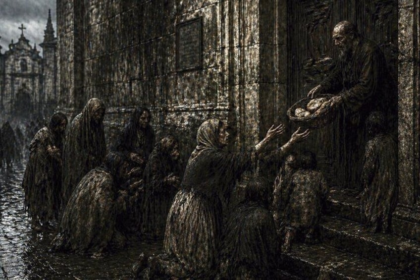A historical building with people in period clothing, some kneeling and others standing, in a rainy setting. 2