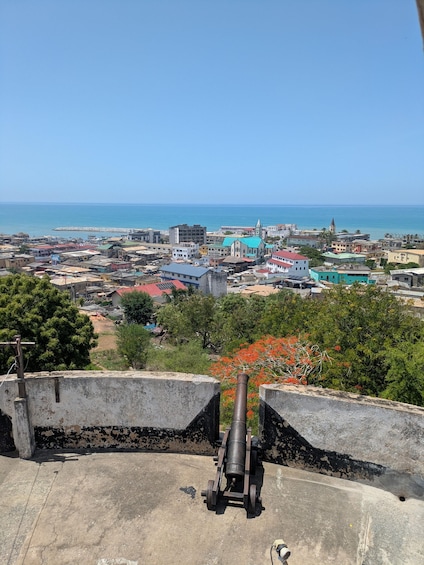 A coastal cityscape with a prominent cannon in the foreground, a clear blue sky, and a view of the sea. 2