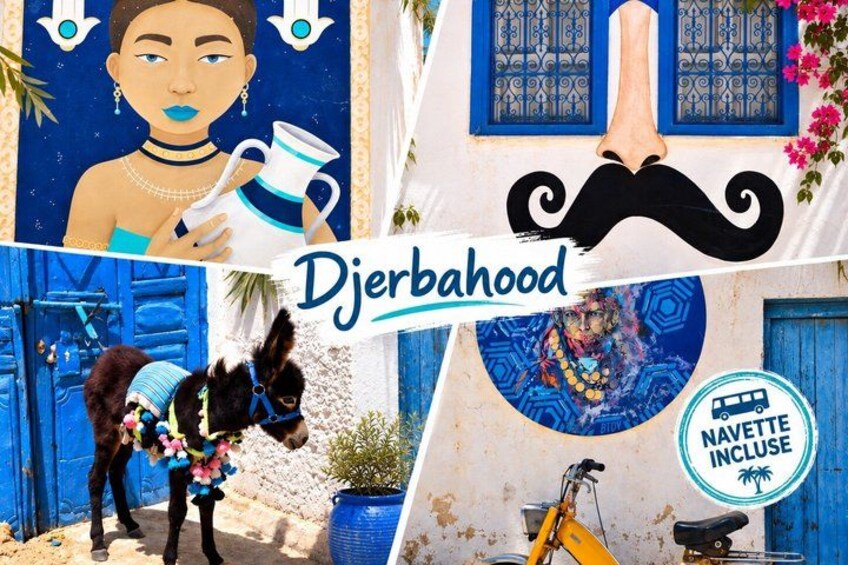 A donkey with a flower garland, a blue building with a window, and a sign that says 'Djerbahood'. 4