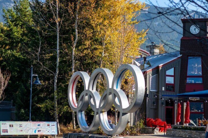 A sculpture of interlocking rings, a clock tower, and a mountain backdrop. 5