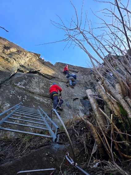 A person climbing a rocky mountain with a ladder. 3