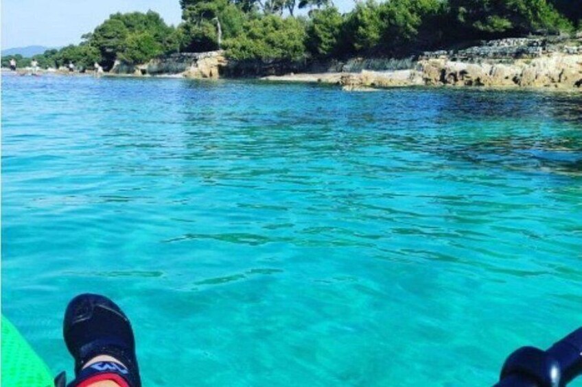 A clear blue sea with a rocky shoreline and trees. 5