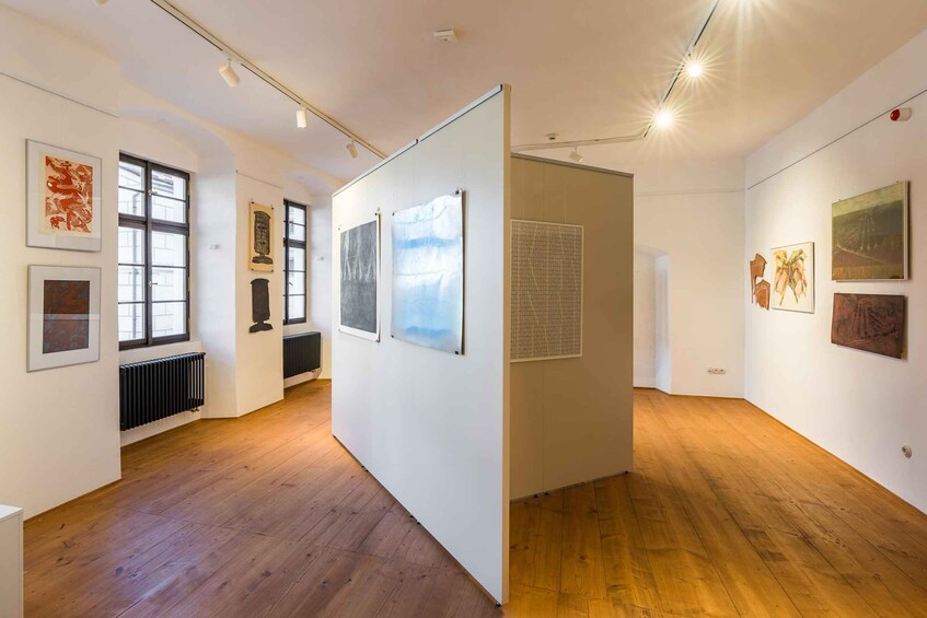 An art gallery with wooden floors and white walls, featuring various artworks displayed on the walls. 5