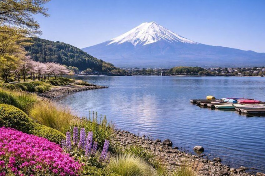 A lake with a mountain in the background, colorful flowers, and a dock with boats. 5