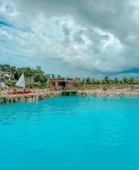 A turquoise pool with a wooden structure and a flag, surrounded by greenery and palm trees under a cloudy sky. 3