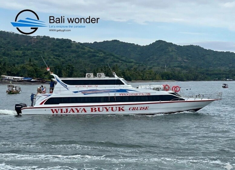 A white cruise boat named 'WIJAYA BUYUK CRUISE' with a flag, moving on water with a forested hill in the background. 1