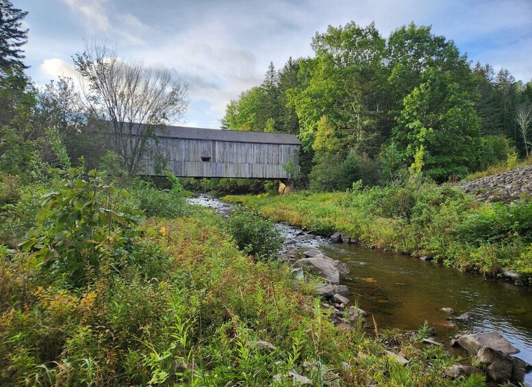 A wooden covered bridge over a stream in a forested area. 1