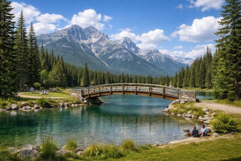 A wooden bridge over a lake with mountains in the background. 4