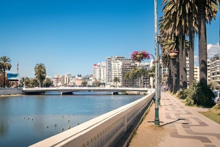 A waterfront promenade with palm trees, a bridge, and buildings in the background. 2