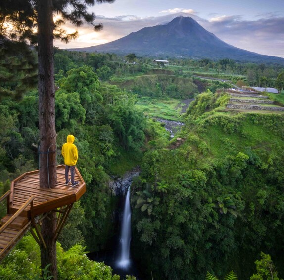 A person in a yellow jacket standing on a wooden platform overlooking a lush valley with a waterfall and a mountain in the background. 5