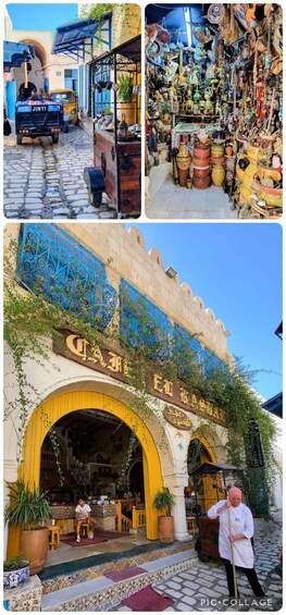 A bustling street market with various stalls, a vintage car, and a traditional building with a sign. 4