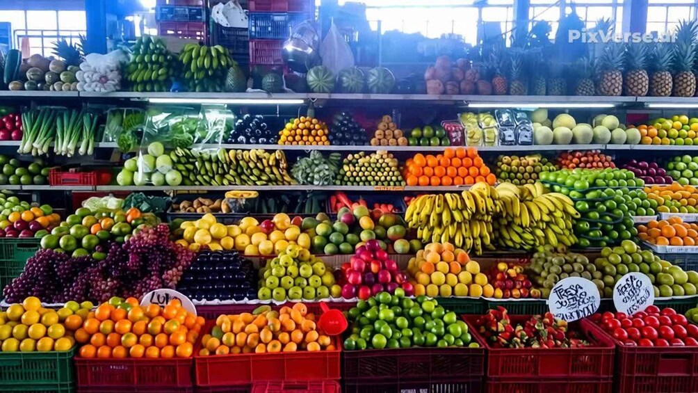 A variety of fruits and vegetables on display in a store. 5