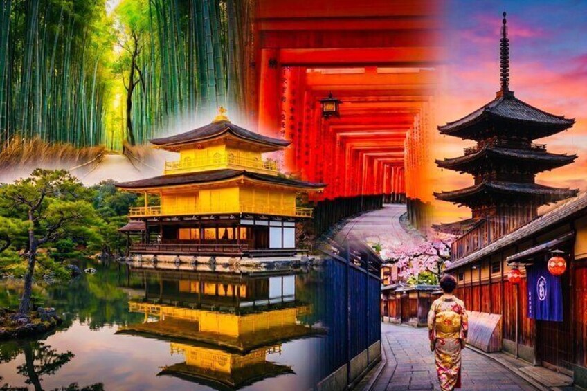 Un edificio japonés tradicional reflejado en el agua, una persona vestida con traje tradicional y una pagoda. 1