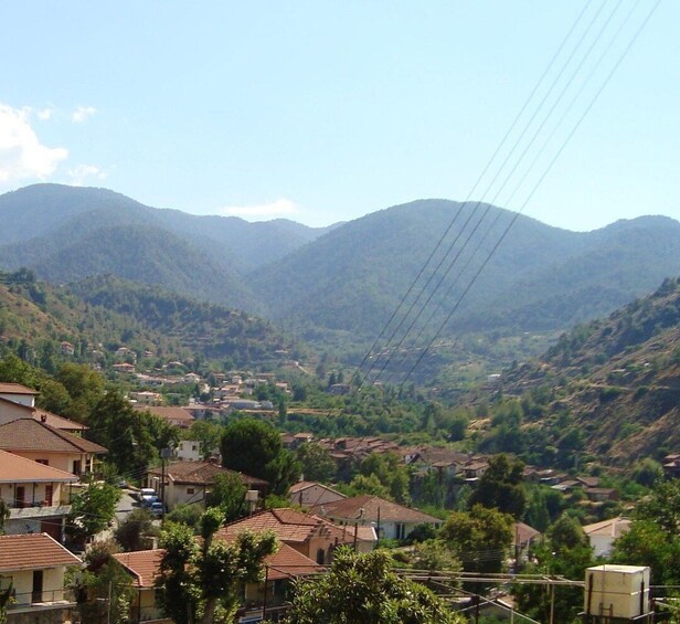A mountainous landscape with a valley, houses, and a bridge. 5