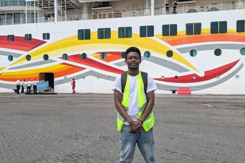 A person standing in front of a large, colorful ship with a distinctive design. 5