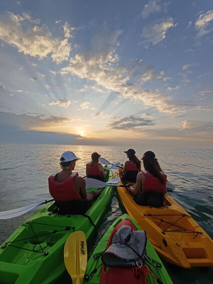 Four people in kayaks on a calm body of water during sunset. 1