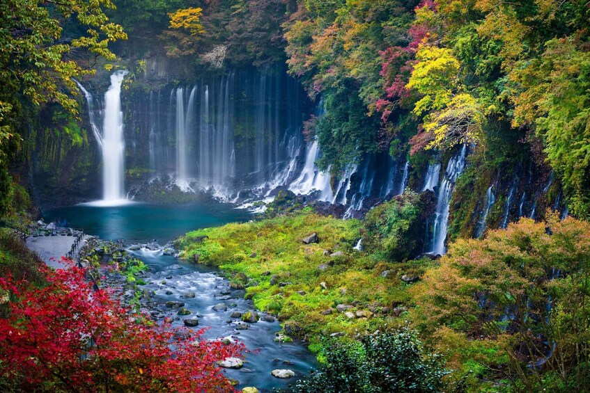 A waterfall cascading into a clear blue pool surrounded by lush greenery and autumn-colored foliage. 1