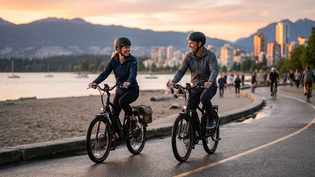 Two people riding bicycles on a waterfront path with a cityscape and mountains in the background. 3