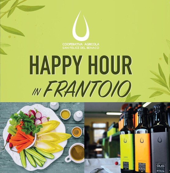 A 'Happy Hour in Frantoio' sign with a logo, a plate of fresh vegetables, a cup of coffee, and bottles of olive oil. 1