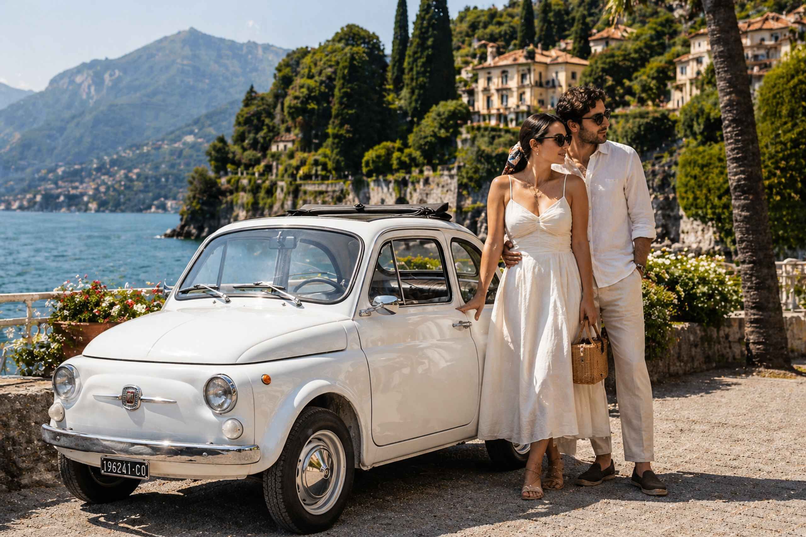 A vintage car parked by a coastal road with a couple standing beside it. 3