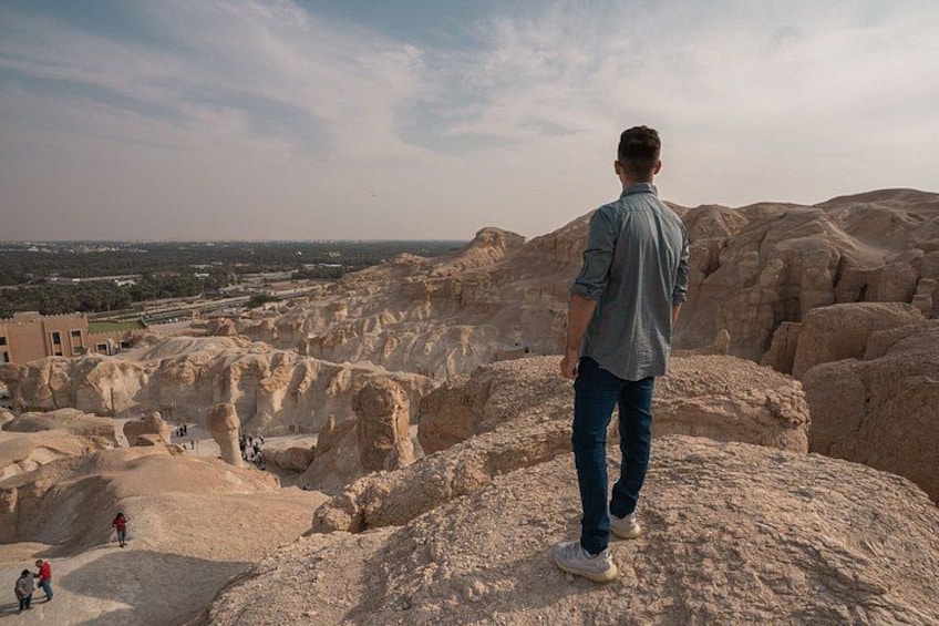 A person standing on a rocky outcrop overlooking a vast desert landscape with eroded rock formations. 3