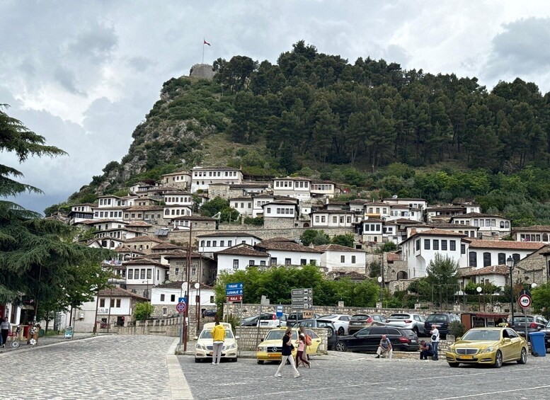 A hillside village with white buildings and a flag on top. 2