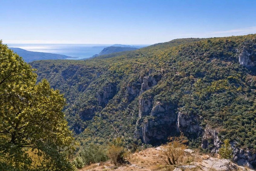 A mountainous landscape with dense forest, rocky cliffs, and a distant view of the sea. 4
