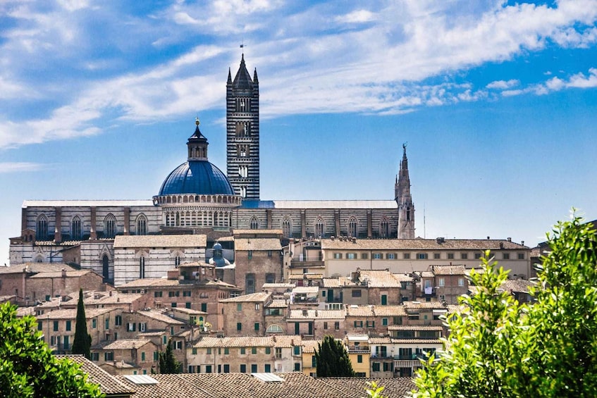 A historic cityscape with a prominent cathedral, a clock tower, and a modern skyscraper. 3