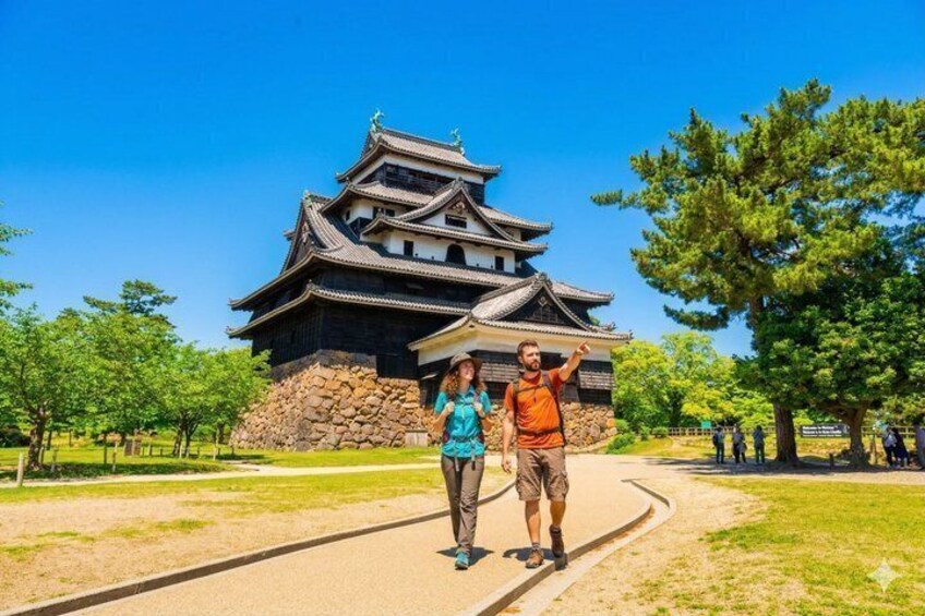 A traditional Japanese castle with multiple tiers and a stone base, surrounded by a park with trees and a clear sky. 1