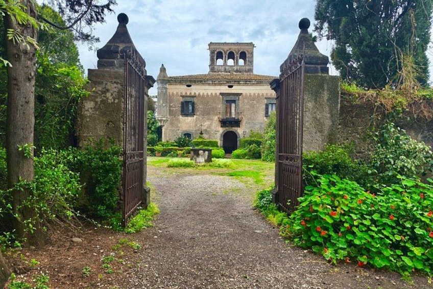 A gravel path leading to a historic building with arched windows and a bell tower. 2