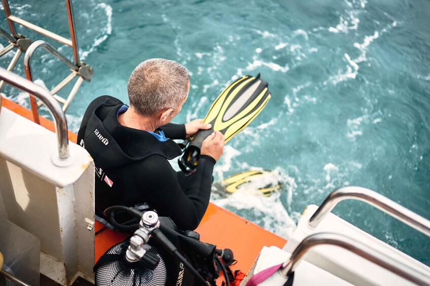 A person sitting on a boat deck, holding a pair of yellow and black diving fins. 5
