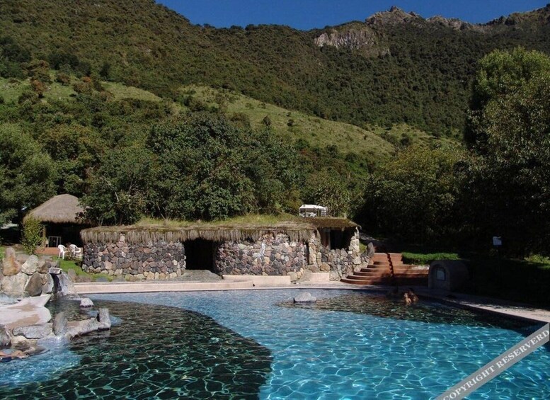A swimming pool with a stone structure and a thatched-roof hut in a mountainous area. 1