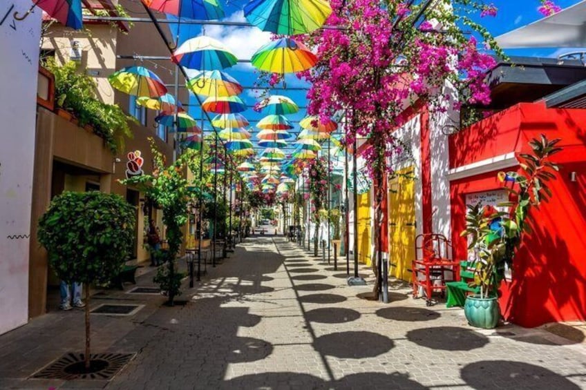 A street lined with colorful umbrellas, vibrant flowers, and red buildings. 1