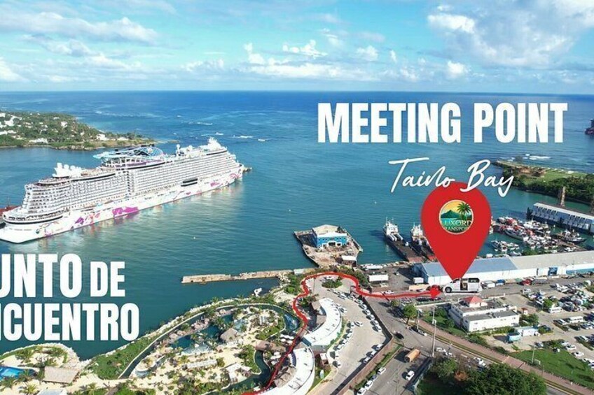 A cruise ship docked at a port in Taino Bay, with a meeting point marked by a red pin. 4