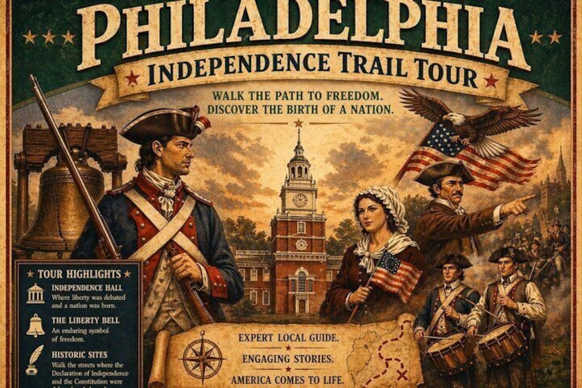 Póster de un recorrido histórico por el Sendero de la Independencia de Filadelfia, que muestra la Campana de la Libertad y el Salón de la Independencia. 1