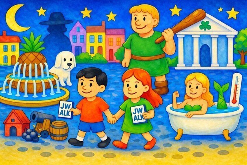 A night scene with children, a dog, a fountain, a building, and a bathtub. 1