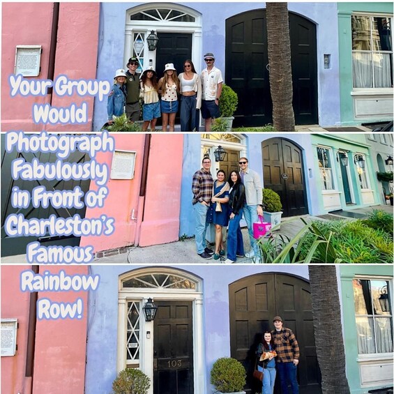 A group of people standing in front of a building with a black door marked '103' and a pink and blue facade. 5