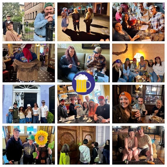 People in various social settings, including outdoor and indoor gatherings, with some wearing casual and festive attire. 5