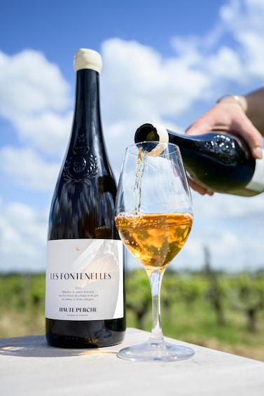 A bottle of wine and a glass being filled outdoors. 5