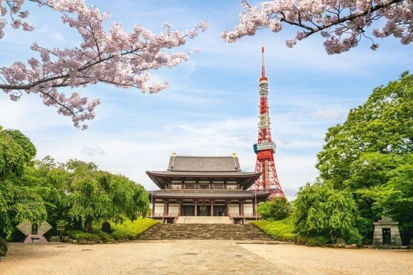 Un edificio tradizionale giapponese con una torre rossa e bianca sullo sfondo. 5