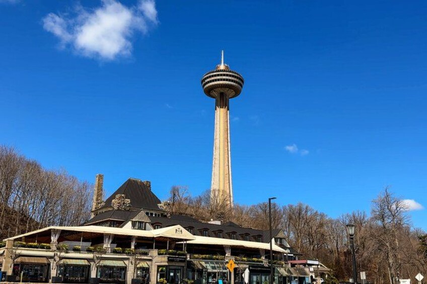A tower with a spherical observation deck, a building with a sloped roof, and leafless trees. 5
