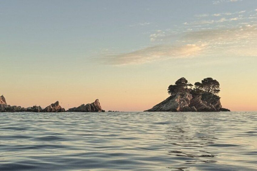 A calm sea with a rocky island featuring trees. 1