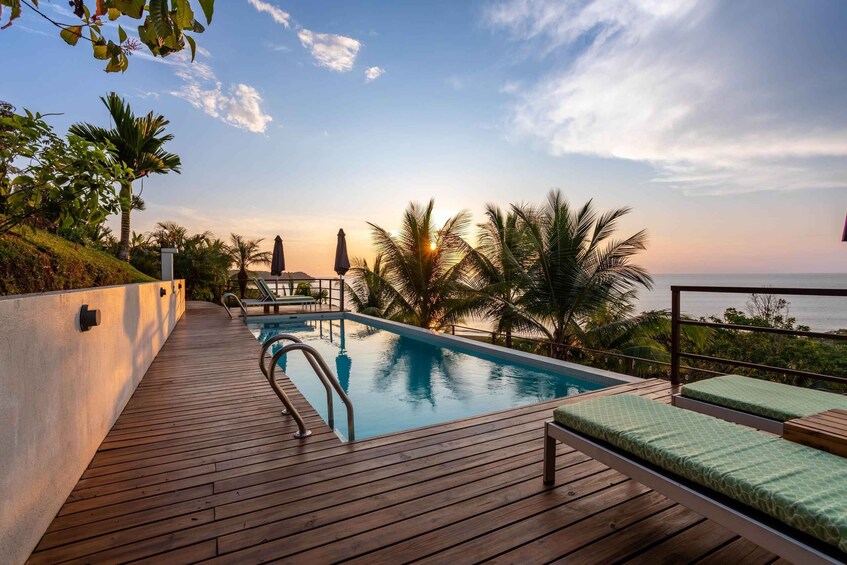 A wooden deck with a pool, lounge chairs, and palm trees. 2