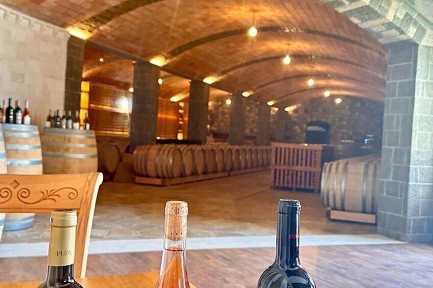 Una bodega con barriles y botellas de vino a la vista. 4